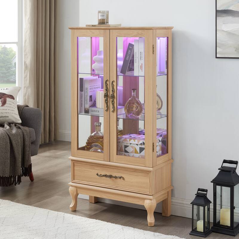 Elegant Glass Display Cabinet with Adjustable Shelves, 2 Doors, and 1 Drawer - Wine Storage Sideboard with Included Bulb - Grey