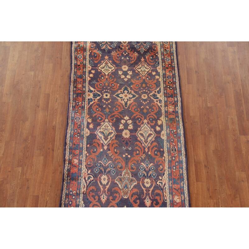 Hand Knotted Oriental 100% Wool Carpet Traditional Geometric Navy Blue & Blues Mahal Runner Rug - 10' 8'' X 3' 5''