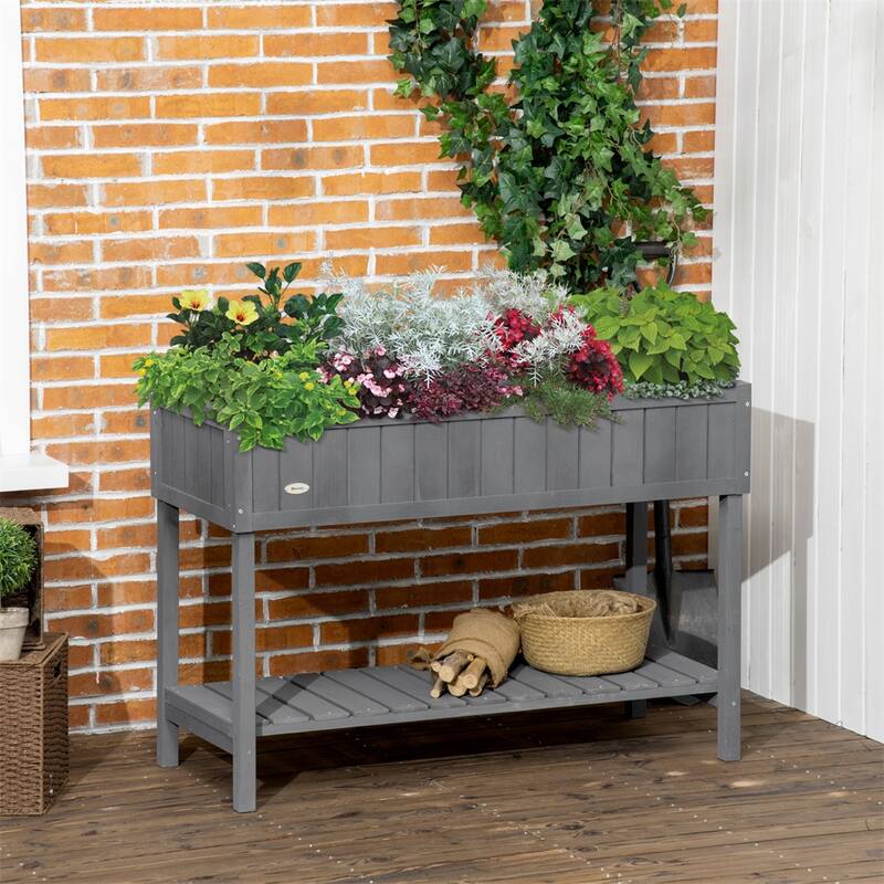 Elevated Dark Grey Wooden Raised Garden Bed with 8 Planter Boxes and Bottom Storage Shelf - 43.25" L x 18" W x 30" H
