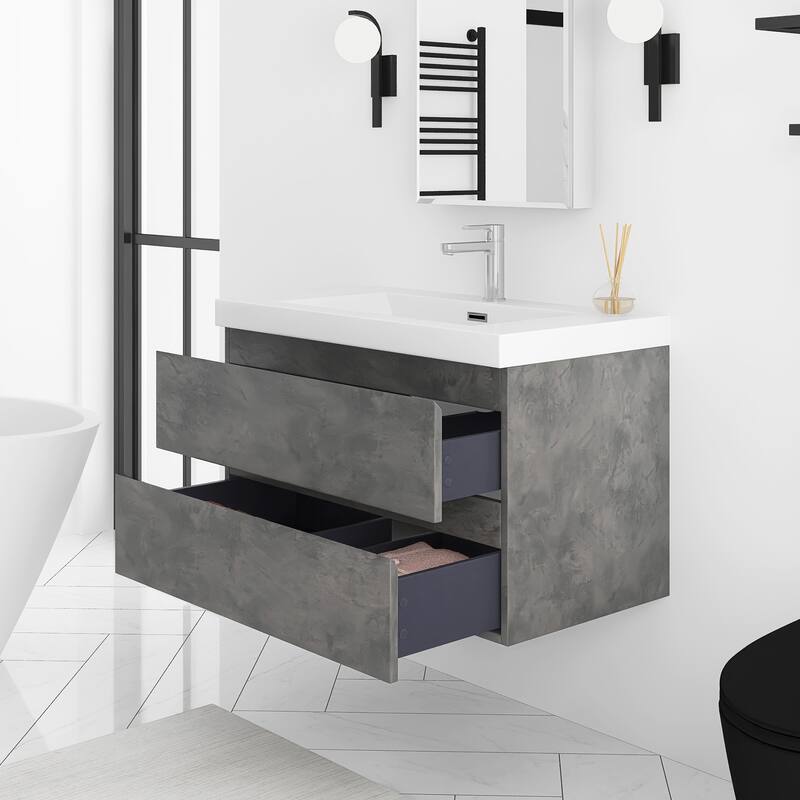 Floating Bathroom Vanity Integrated White Resin Sink