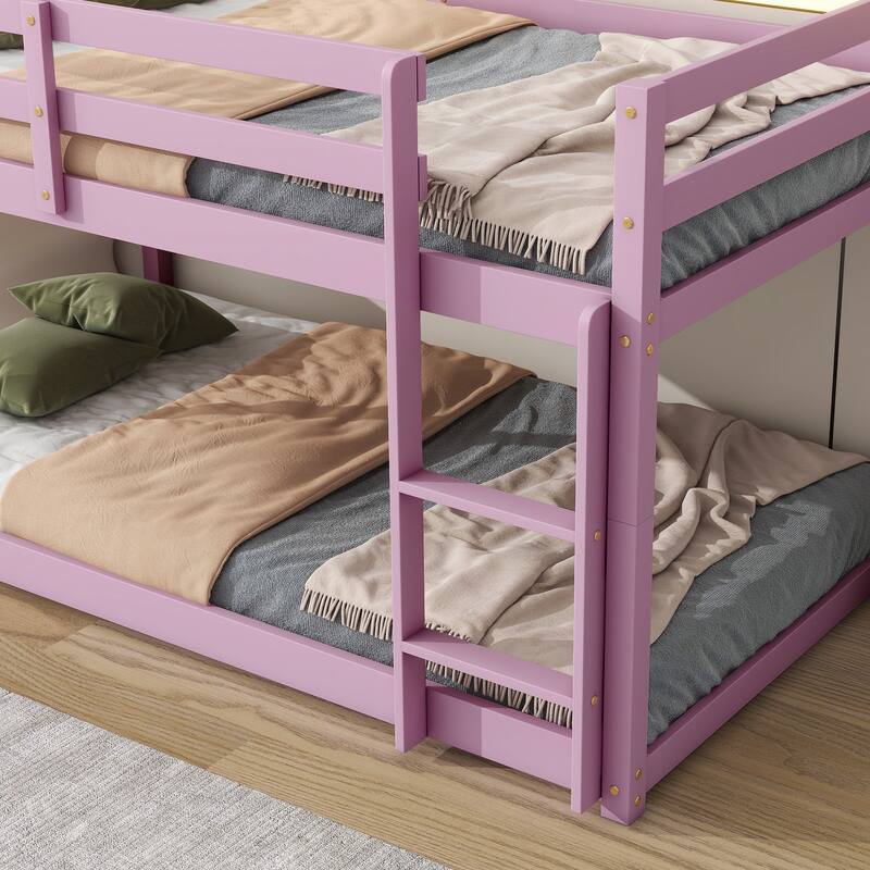 Low Loft Bed with Ladder, Solid Rubber Wooden Bed Frame for Multi Children, Floor Bed - Available with or without Slats