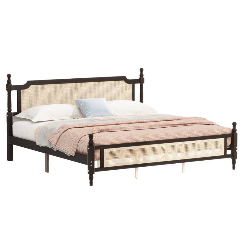 King Size Platform Bed with Rattan Headboard, Underbed Storage, Solid Pine Wood Frame
