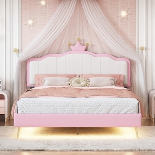 Twin/Full Size Princess Bed with Cute Headboard, Kids PU Platform - Main Image