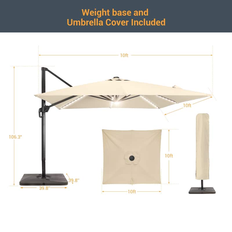 LIVOOSUN Patio10x10FT LED Aluminum Cantilever Umbrella Solution-Dyed Fabric w/Base