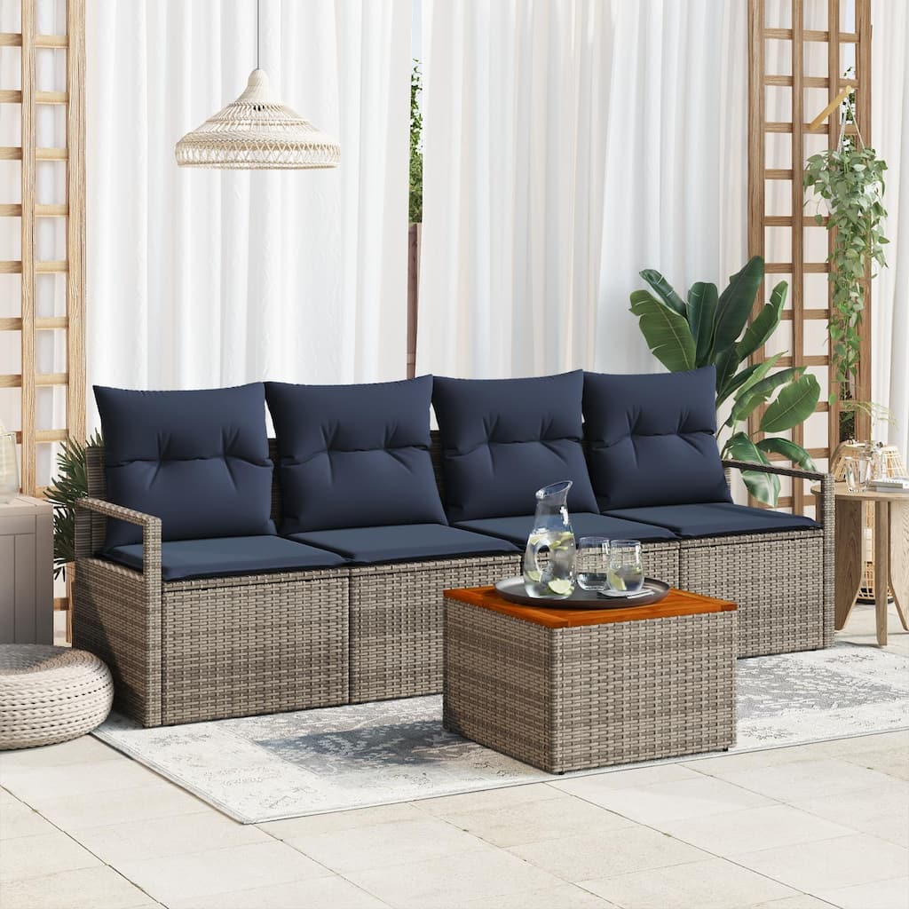 vidaXL 5 Garden Sofa Set with Cushions Black/Grey Poly Rattan - 90.6 x 24.4 x 27.2