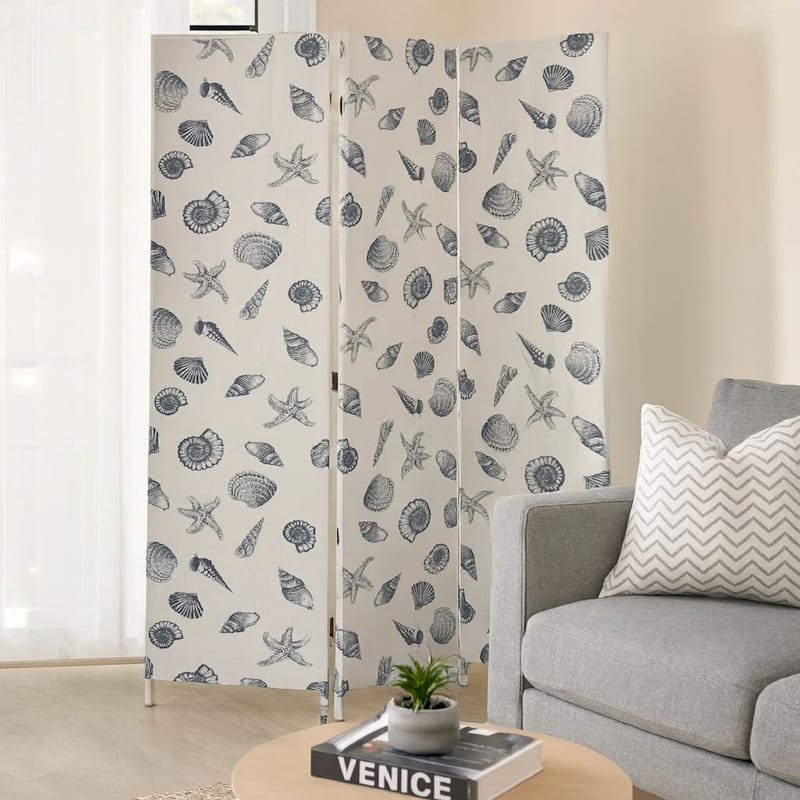 71 Inch 3 Panel Fabric Room Divider with Seashell Print, Blue