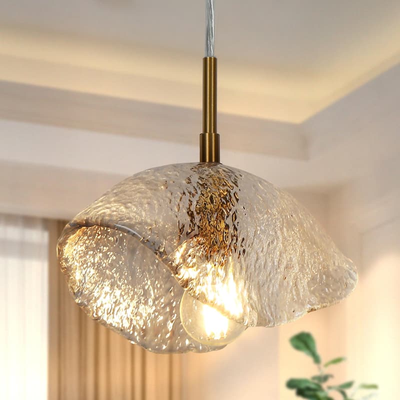 Ailly Modern Glam Mini 1-Light Kitchen Island Pendant Light with Textured Art Decor Glass - L 8.4" x W 3.9" x H 72.2" - Polished Brass Metal/ Individual