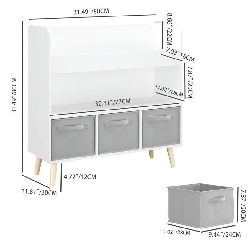 Kids Bookshelf with 3 Fabric Bins - Modern Toddler Bookcase and Toy Storage Organizer