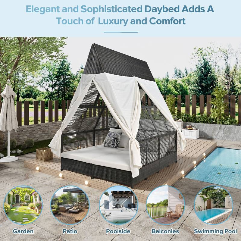 Outdoor Patio Rattan Daybed Sunbed with Triangle Tent, Adjustable Backrest, and Curtains