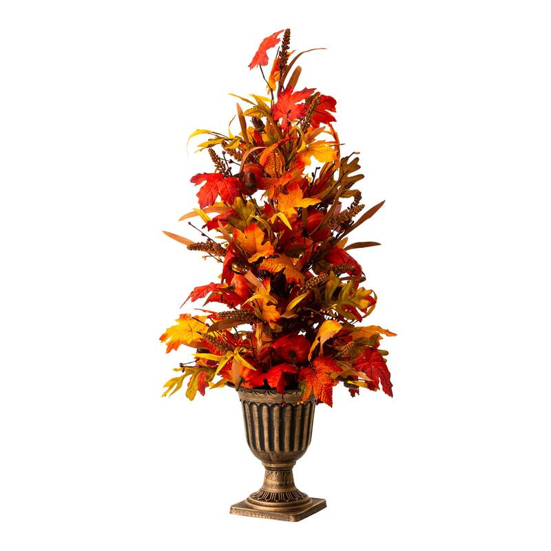 Glitzhome 3FT Fall LED Lighted Maple Leaves Urn Potted Porch Tree with Timer