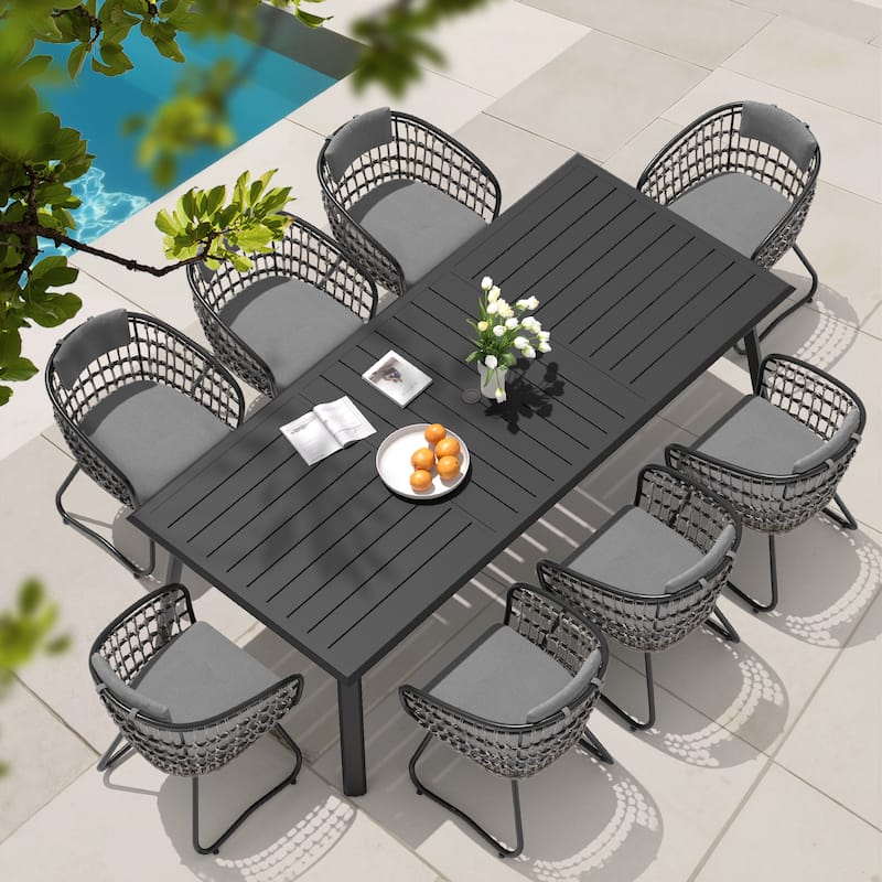 VredHom 9-PC Outdoor Patio Rectangular Aluminum Dining Sets Table with Rattan Chairs Umbrella Hole