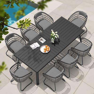 VredHom 9-PC Outdoor Patio Rectangular Aluminum Dining Sets Table with Rattan Chairs Umbrella Hole