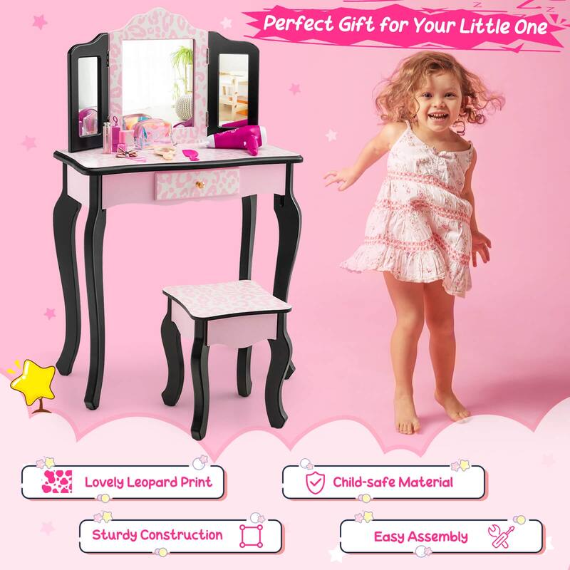 Pink MDF Vanity Set with Removable Tri-Folding Mirror and Leopard Print Perfect Gift for Kids - 24" x 11" x 38.5" (L × W × H)