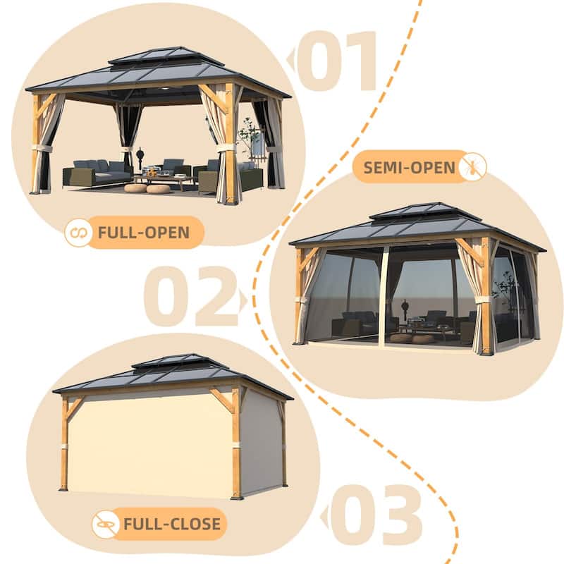 EROMMY Outdoor Wood Gazebo with Double Polycarbonate Roof, Heavy Duty Backyard Patio Pergola Canopy for Garden Shade