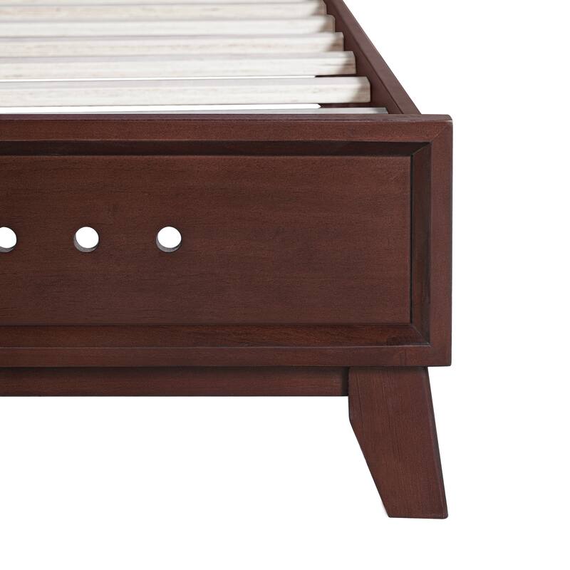 Rustic Pine Wood Bed Frame Low-Profile Platform Bed with Panel Headboard Solid Wood Slat Support and Extra Wide Thickened Legs
