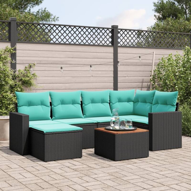 vidaXL 7 Piece Patio Sofa Set with Cushions Black Poly Rattan - 24.4" x 24.4" x 27.2" - Black and blue