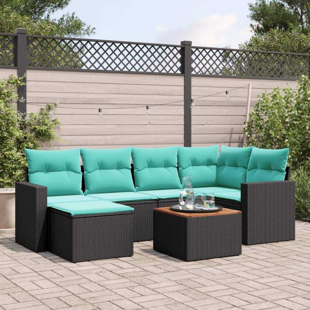 vidaXL 7 Piece Patio Sofa Set with Cushions Black Poly Rattan - 24.4" x 24.4" x 27.2"