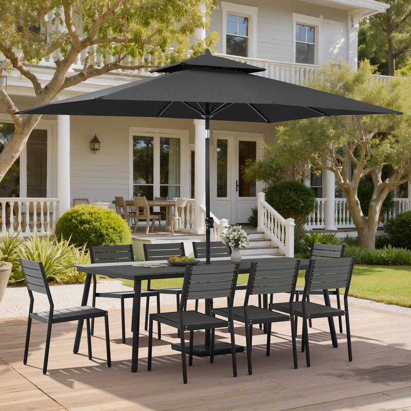 11 PC Outdoor Patio Dining Set Wood-Like Aluminum Umbrella Hole Table with Stackable Chairs,Double Top Market Umbrella and Base - GreyTable&GreyChairs&BlackUmbrella