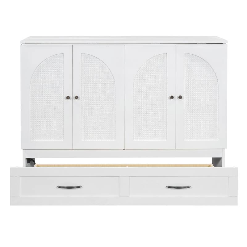 Space-Saving Full Murphy Bed with Drawers & Rattan Finish, Includes USB Port, Perfect for Multifunctional Rooms