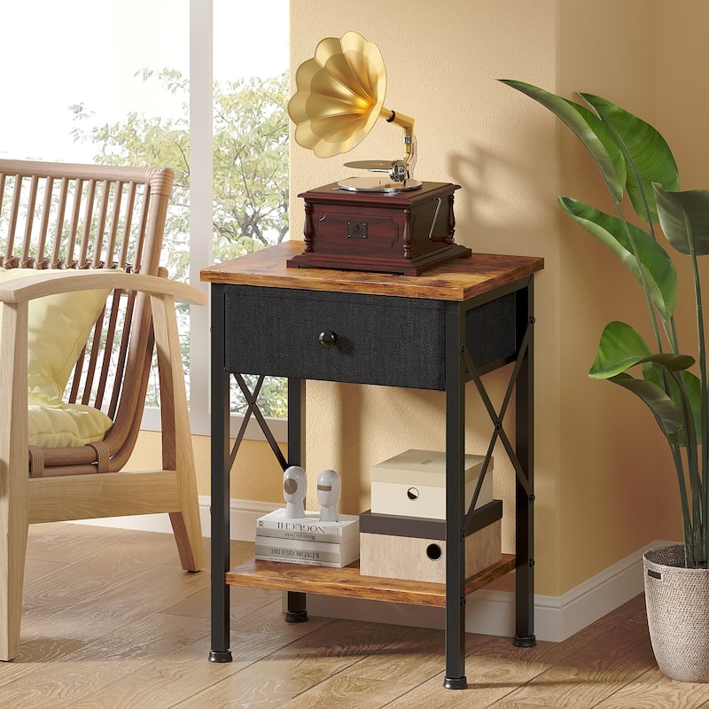 VECELO X Frame Nightstand with Removable Fabric Drawer Easy to Clean Nightstand Multifunctional End Table with Open Shelf