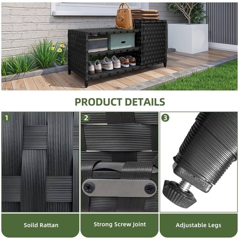 Rattan Wicker Outdoor Patio Pool Storage Bin Cabinet w/ Shoe Rack