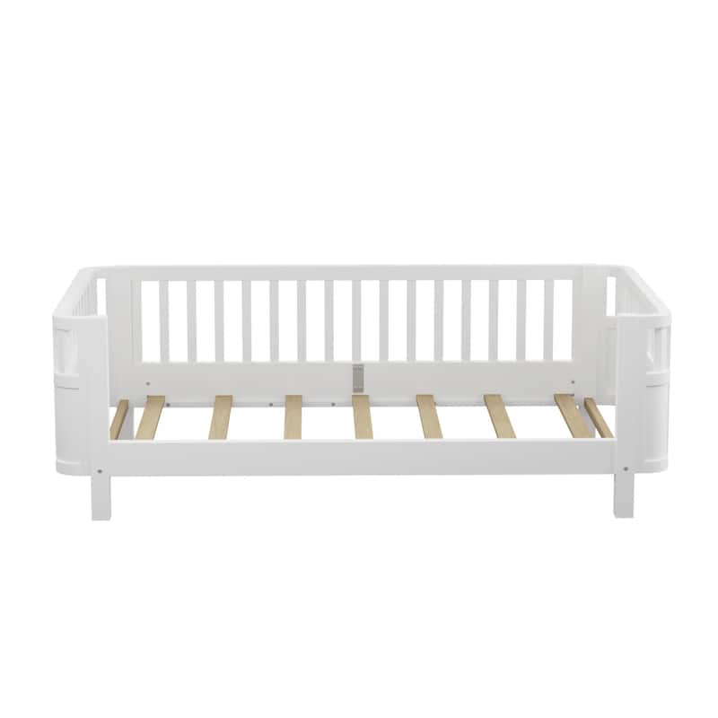 Twin Size Wood Platform Bed for Kids, Wood Low Profile Twin Bed with Rails for Girls and Boys, White (Patented Design)