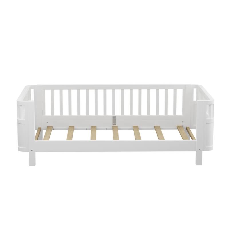 Twin Size Wood Platform Bed with Safety Rails for Kids, Low Profile Design, White