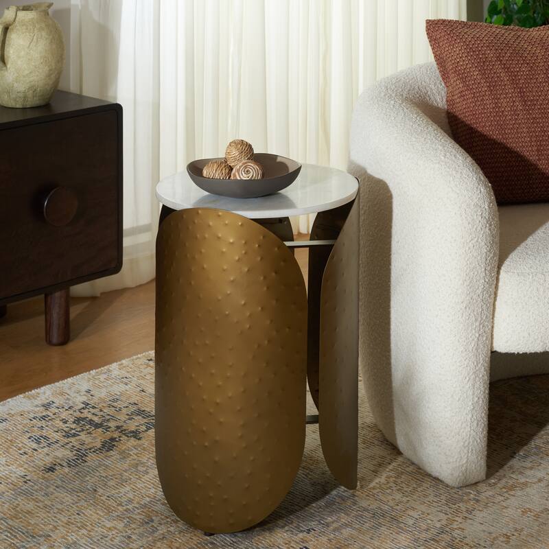 SAFAVIEH Shiara Round Accent Table (Fully Assembled) - 16"W x 16"D x 24"H - White Marble/Antique Brass