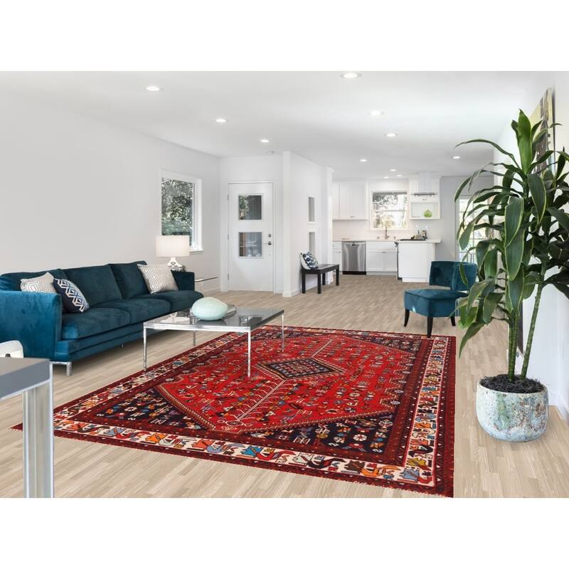 Hand Knotted Oriental 100% Wool Carpet Traditional Tribal Red Shiraz Area Rug - 9' 10'' X 6' 8''