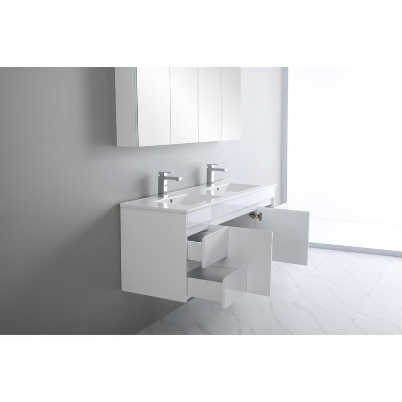 CB HOME 24"/30"/36"/48"/60" Pure White Bathroom Vanity, Floating Wall Mounted Cabinet w/ Integral Ceramic Sink Basin Countertop