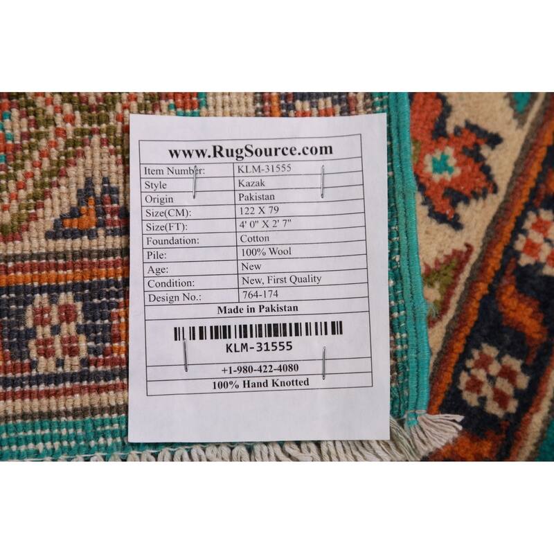 Turquoise Green Kazak Foyer Rug Hand-Knotted Geometric Wool Carpet - 2'7"x 4'0"