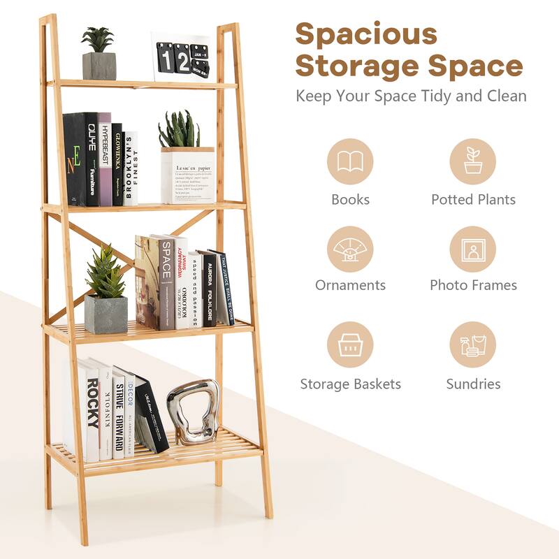 Gymax 2PCS 4-Tier Bamboo Ladder Bookshelf 58'' Display Shelf Storage