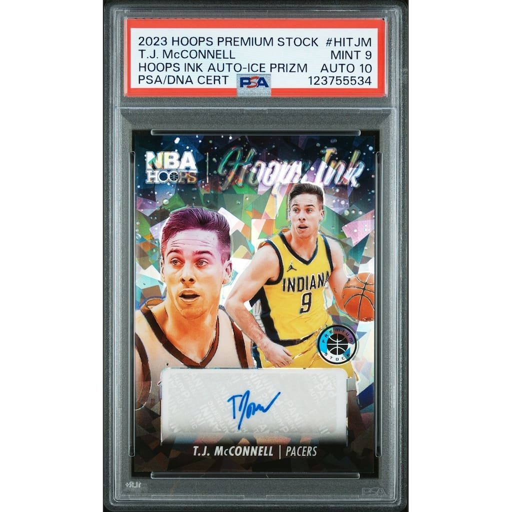 T.J. McConnell 2023 Hoops Premium Stock Ink Ice Prizm Signed Basketball Card #HITJM Graded PSA 9 Auto 10 Cert # 123755534