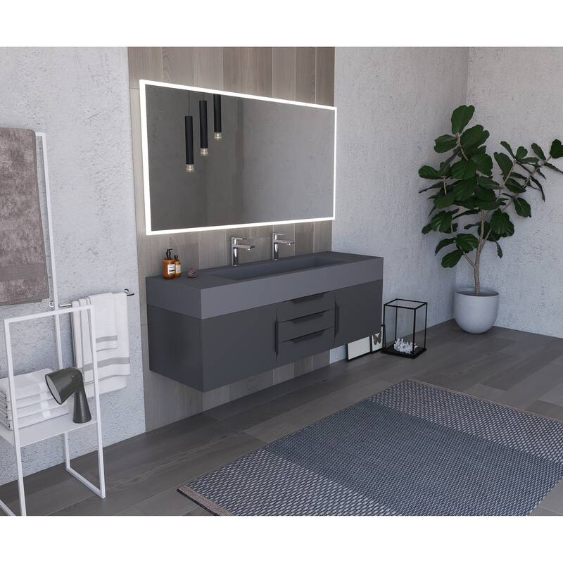 Nile 60" Wall Mounted Bathroom Vanity Set with Gray Solid Surface Top