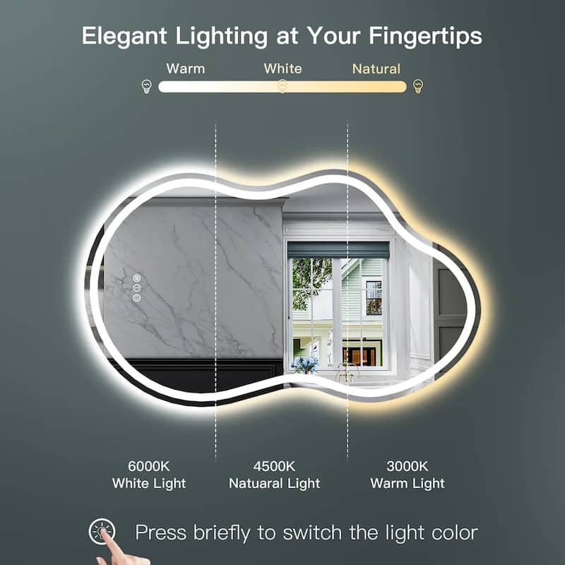 Irregular Front & Back LED Lighted Anti-fog Tempered Glass Wall Bathroom Vanity Mirror, ETL Certified, 3-Year Warranty