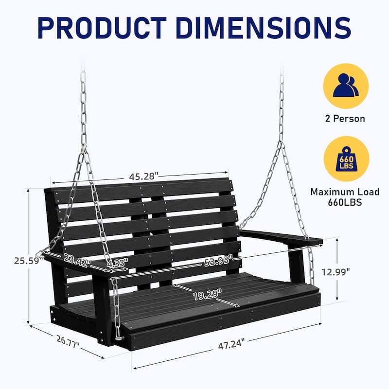 HDPE Plastic Outdoor Porch Swing 2-Person With Chains