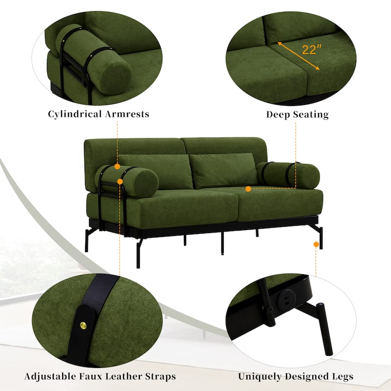 Modern Loveseat Sofa 59" Sofa Couch 2-Seater Sofa With Flexible Usb Ports , Unique Cylindrical Armrests