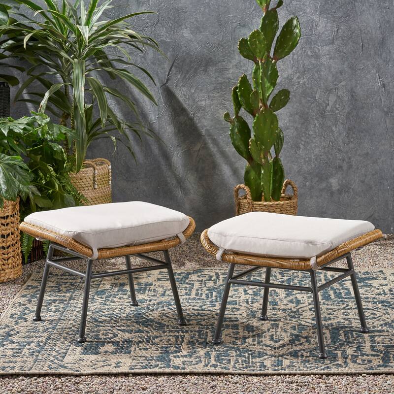 Roomfitters Outdoor Rattan Ottomans with Cushions, Set of 2 Footrests for Patio or Balcony Seating