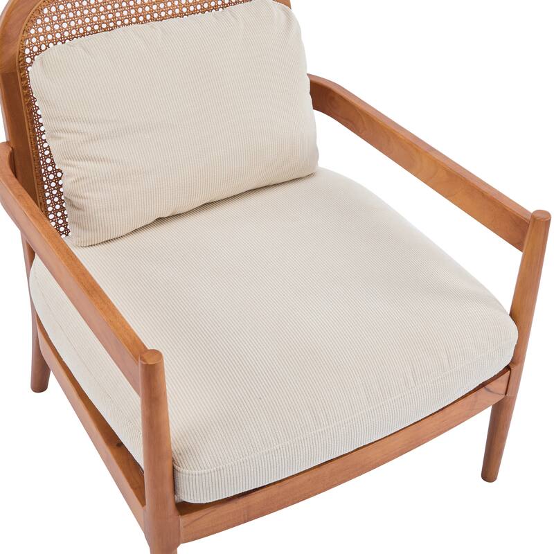 Roomfitters Mid-Century Accent Chair with Walnut Wood Frame & Rattan Back, Striped Cushion, Set of 2