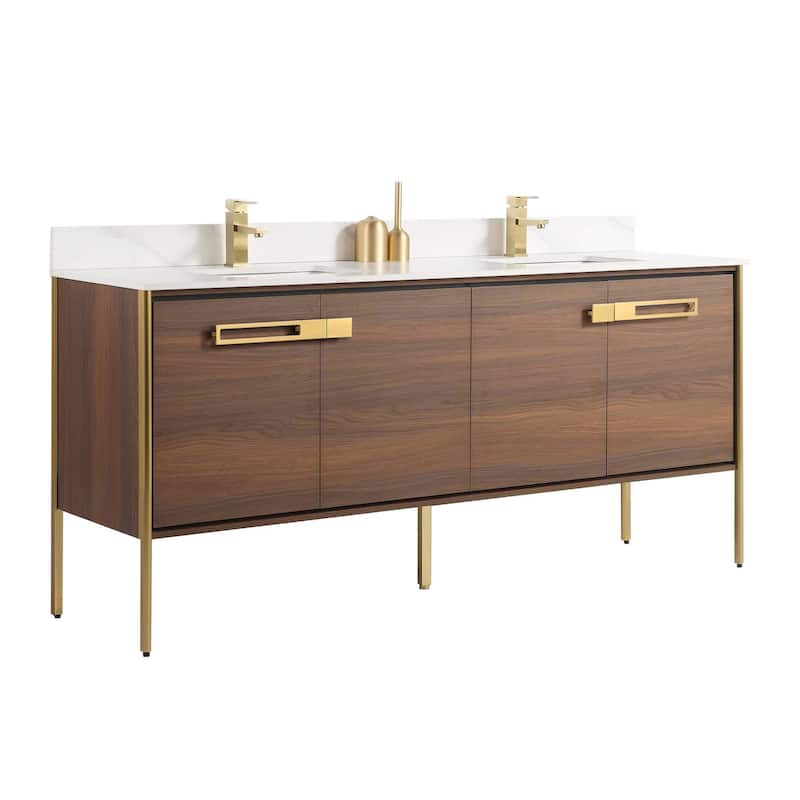 Fine Fixtures Oakville Bathroom Vanity with White Ceramic Sink - 72 Inch - Walnut Ebony - Satin Brass Hardware