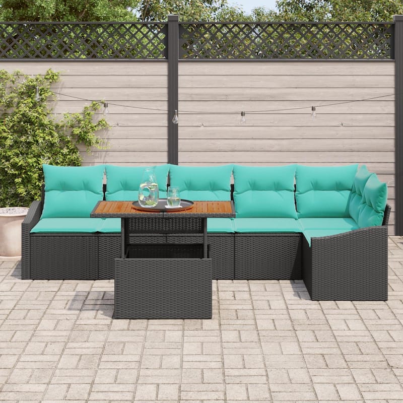 vidaXL 7 Piece Garden Sofa Set with Cushions Black Poly Rattan - 113.6×48.6×27.2