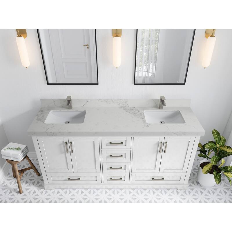 Willow Collection 72 in W x 22 in D x 36 in H Boston Double Bowl Sink Bathroom Vanity with Countertop - 2"Calacatta Nuvo - White