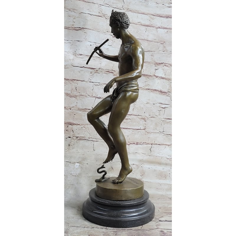 Signed Imitative Snake Charmer By Bourgeois Bronze Sculpture Marble Base Figurine Figure
