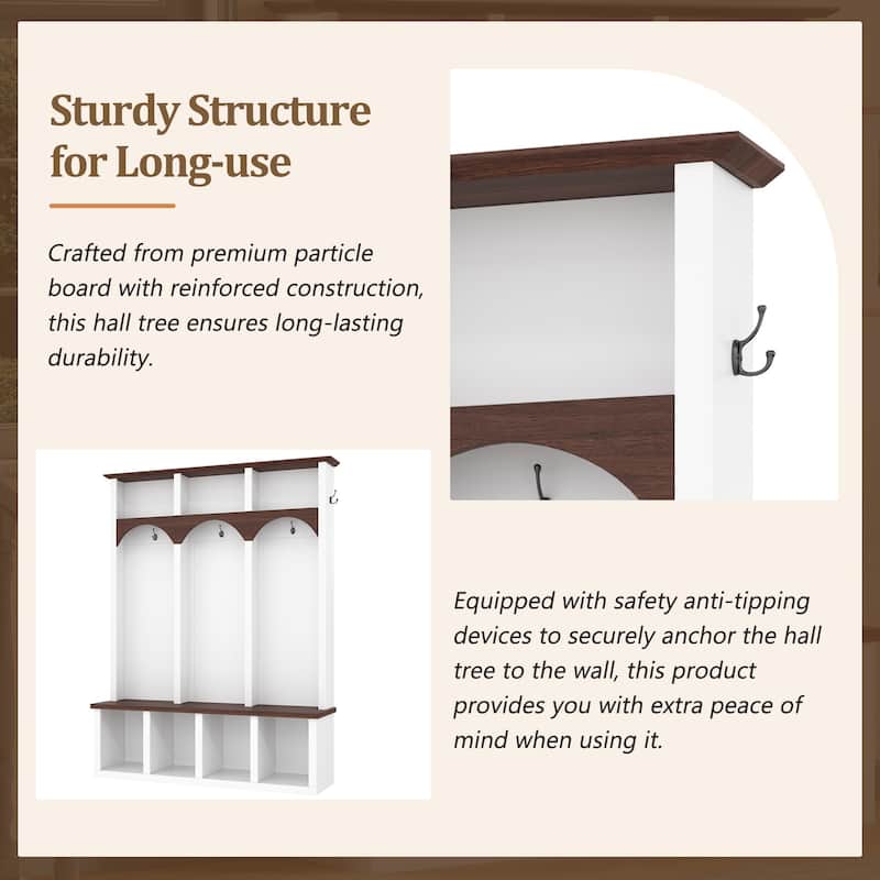 Farmhouse Hall Tree with Arched Design, Wood Entryway Bench with 5 Hooks, 7 Cubbies Shoe Cabinet for Mudroom/Living Room