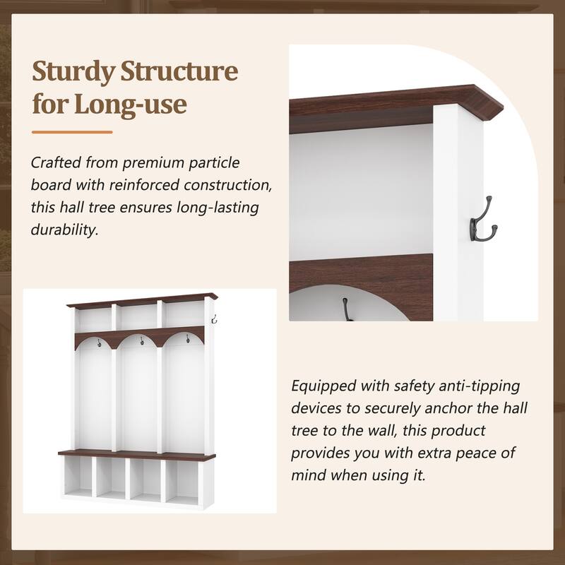 Farmhouse Hall Tree with Storage Bench & Shoe Cabinet, Arched Entryway Organizer with 5 Hooks and 7 Cubbies, Walnut Finish