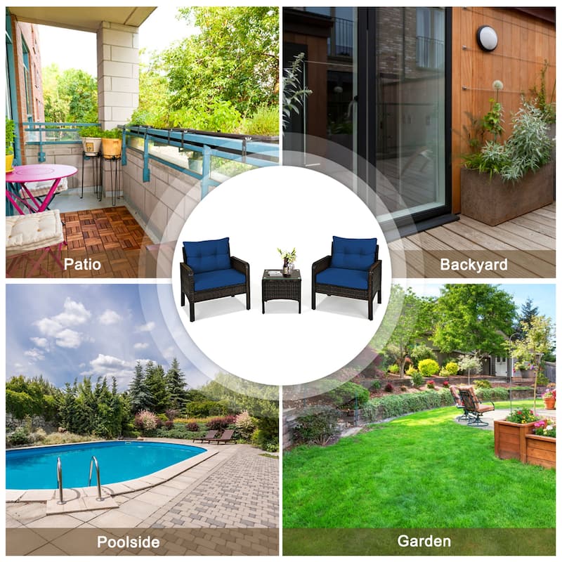 Gymax 3PCS Rattan Patio Conversation Furniture Set Yard Outdoor w/