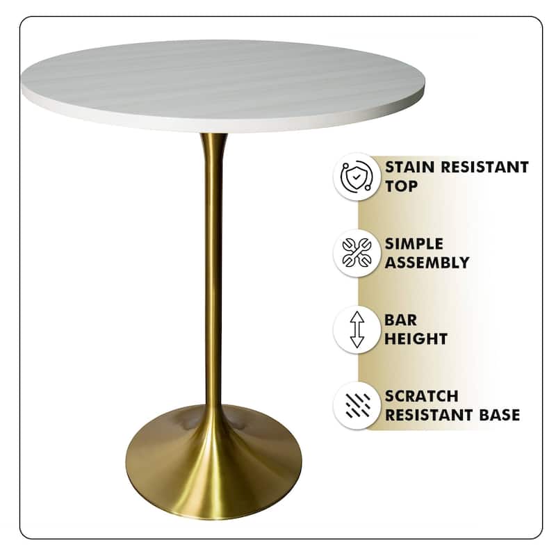 LeisureMod Verve 27" Round Dining Table with MDF Wood TableTop and Brushed Gold Base for Kitchen & Dining Room