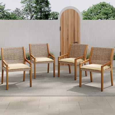 OUTDOOR DINING CHAIR SET-Acacia Wood and Wicker with Cream Cushion Patio Furniture-Teak finish & wicke Brown ,set of 4