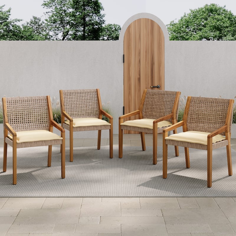 Roomfitters Hermosa 5-Piece Outdoor Dining Set, Acacia Wood Table in Teak Finish & 4 Wicker Chairs, Cream Cushions