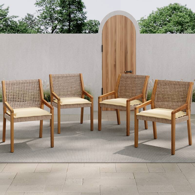 Roomfitters Stamford 5-Piece Outdoor Dining Set, Acacia Wood Table in Teak Finish & 4 Brown Mix Wicker Chairs, Cream Cushions